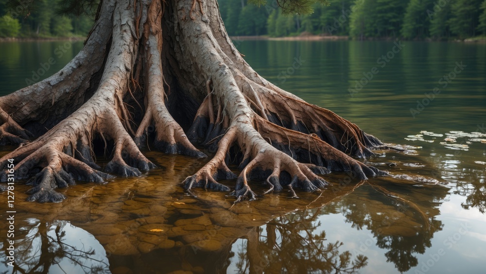 Poster tree roots extending into calm water with reflections in a serene natural setting surrounded by gree