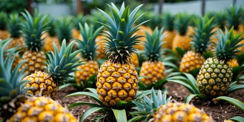 Fototapeta premium Pineapple plantation with multiple ripe pineapples growing in rows surrounded by green leaves in a sunny tropical environment.