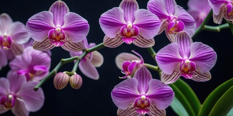 Purple orchid flowers with intricate patterns against a dark background highlighting their beauty and vibrant colors.