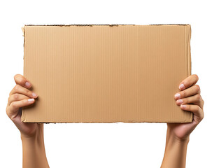 Close up of hands holding a cardboard sign isolated on white background.PNG