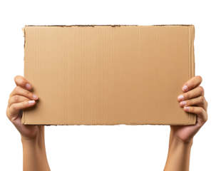 Close up of hands holding a cardboard sign isolated on white background.PNG