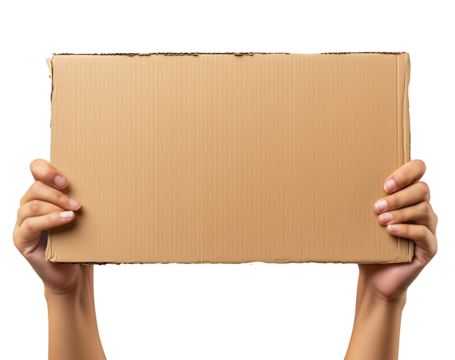 Close up of hands holding a cardboard sign isolated on white background.PNG