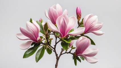 Obraz premium Pink magnolia flowers with green leaves on a branch isolated on light background. Floral arrangement with open and closed blossoms.
