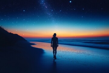 Obraz premium Silhouette of a person walking along a beach at sunset under a starry sky