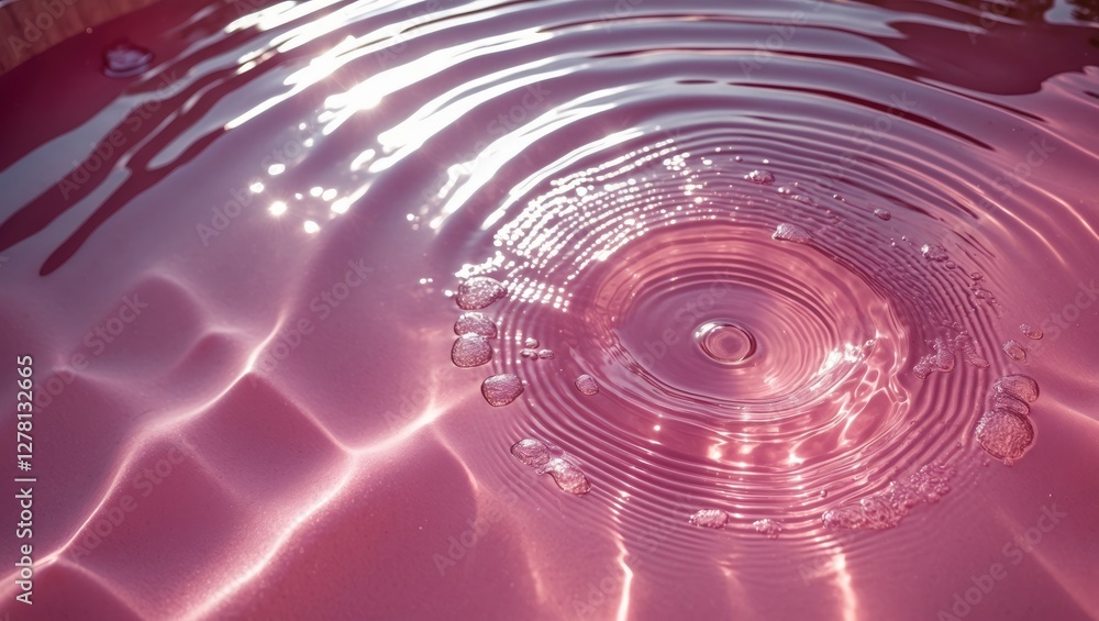 Poster ripples in water surface with pink hue reflecting sunlight and bubbles creating circular patterns
