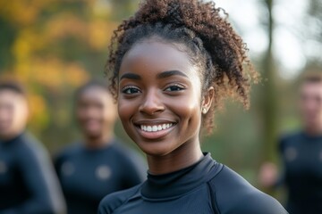 Smiling athlete in outdoor training with friends in a vibrant forest setting during sunny autumn afternoon
