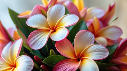 vibrant close-up of blooming plumeria flowers with pink and yellow petals surrounded by lush green foliage