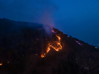 Drone view of Fires in Hattiban Forest, Kathmandu, Nepal.