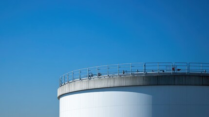 A white storage tank surrounded by a metal safety barrier, set in an industrial facility with clear blue skies.