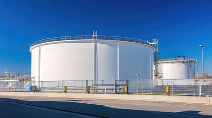Obraz premium A white storage tank surrounded by a metal safety barrier, set in an industrial facility with clear blue skies.