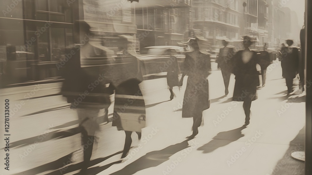 Poster A black and white image capturing the fast paced dynamic movement of people rushing through a crowded city street on a cold cloudy day