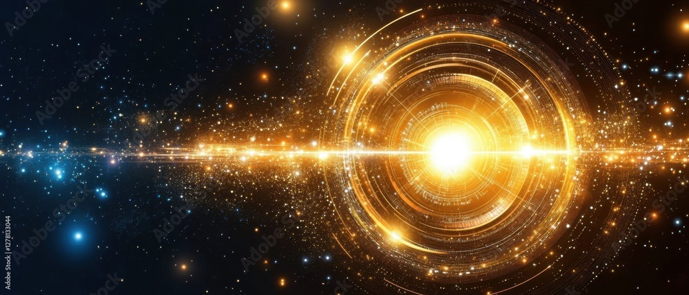 Poster captivating cosmic vortex of golden light and stardust against a dark canvas of the universe creatin