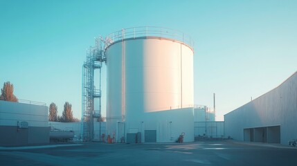 A white storage tank with a large access hatch and surrounding safety railings in a clean industrial yard.