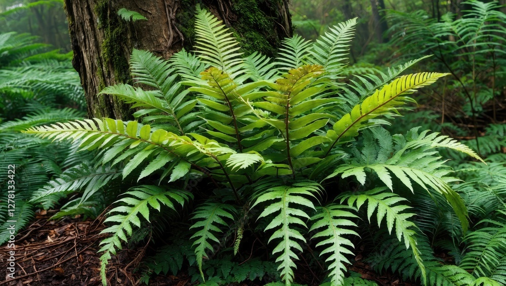 Poster lush green ferns growing in a forest environment with a tree trunk in the background under natural l