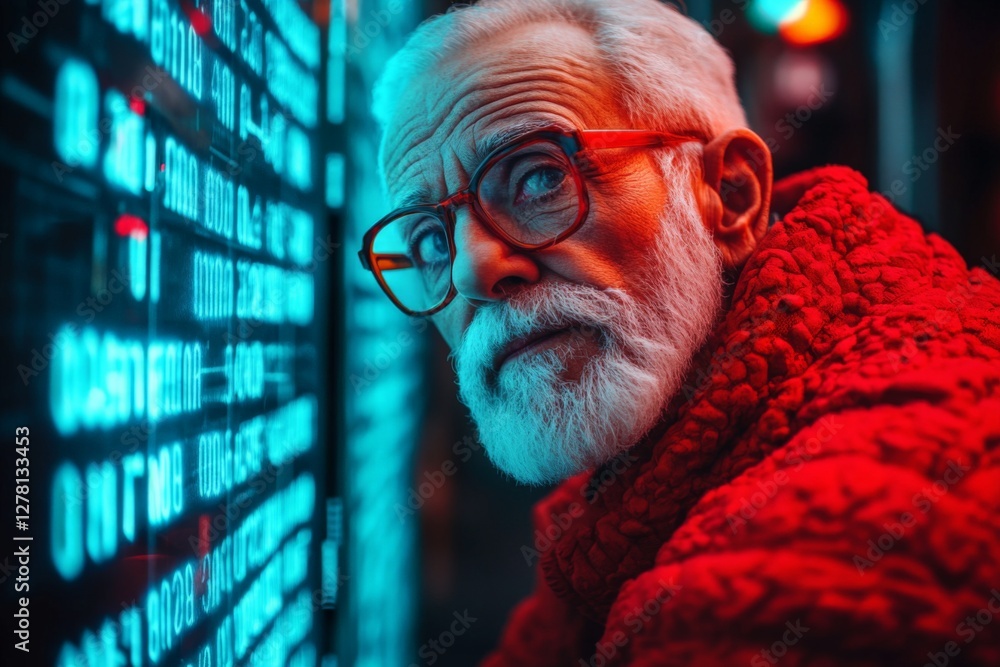 Poster elderly man with glasses in a vibrant setting observes digital screens while showcasing wisdom and c