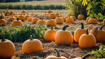 Pumpkin patch with numerous ripe orange pumpkins scattered on sandy ground surrounded by green leaves and cornfields in the background