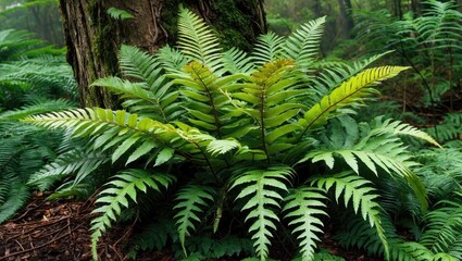 Lush green ferns growing in a forest environment with a tree trunk in the background under natural lighting conditions