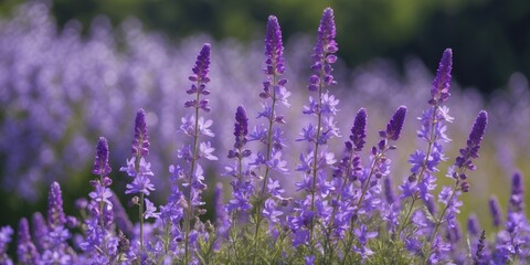 Obraz premium Purple wildflowers in a lush field during daylight with blurred background and vibrant colors capturing nature's beauty.