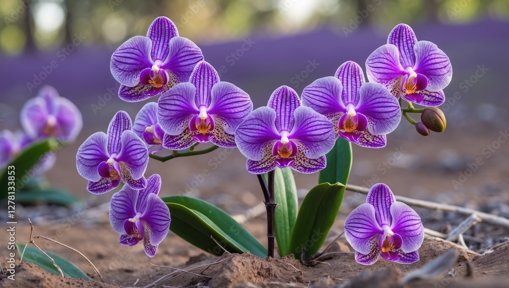Aufkleber purple orchids in bloom with intricate patterns and vibrant colors, set against a softly blurred bac