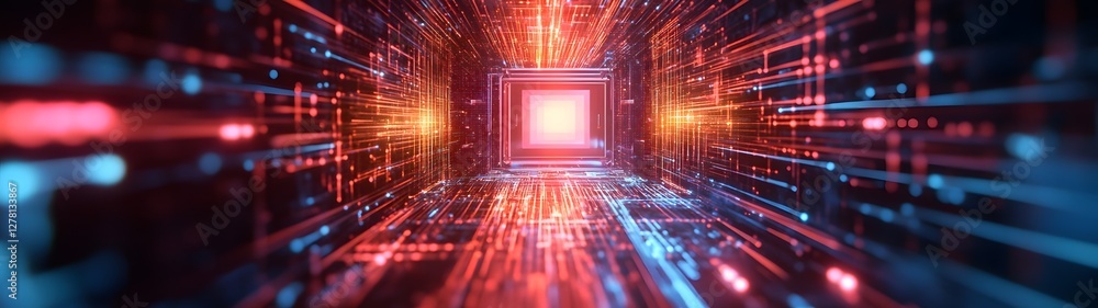 Poster A captivating sci fi showcasing a futuristic tunnel like environment filled with a dazzling display of glowing neon lights digital energy beams and a surreal atmosphere