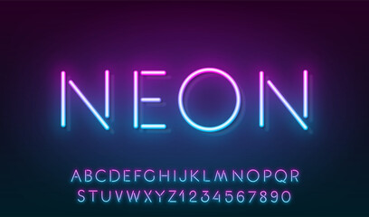 Obraz premium Pink Blue Gradient Neon Reflection font on dark background. Light glow letter and numbers for text sign.