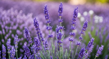 Obraz premium Lavender flowers in full bloom with lush green foliage in a vibrant field during sunny daylight. Captivating natural landscape scene.