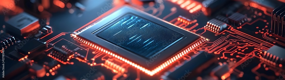 Poster A close up detailed shot of a complex electronic circuit board with various microchips processors and other high tech components