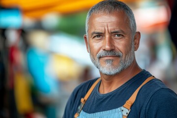 Fototapeta premium Skilled market vendor showcases fresh produce at a bustling outdoor market in the late afternoon sun