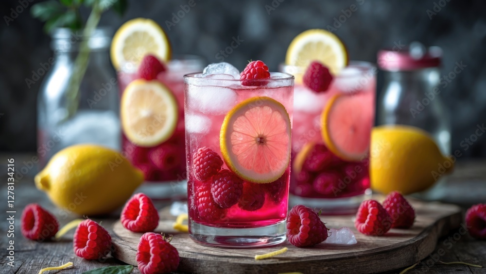 Poster raspberry lemonade drinks in glasses with ice and lemon slices on wooden surface with fresh raspberr