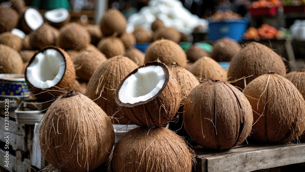 Poster coconuts with fibrous husks displayed at a market stall in natural light with blurred background of 