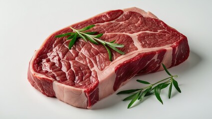 Fototapeta premium Raw ribeye steak on white background with fresh herbs for culinary and food photography concepts