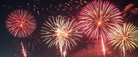 Fototapeta premium Colorful fireworks exploding in night sky with various shapes and patterns during celebration event or festival