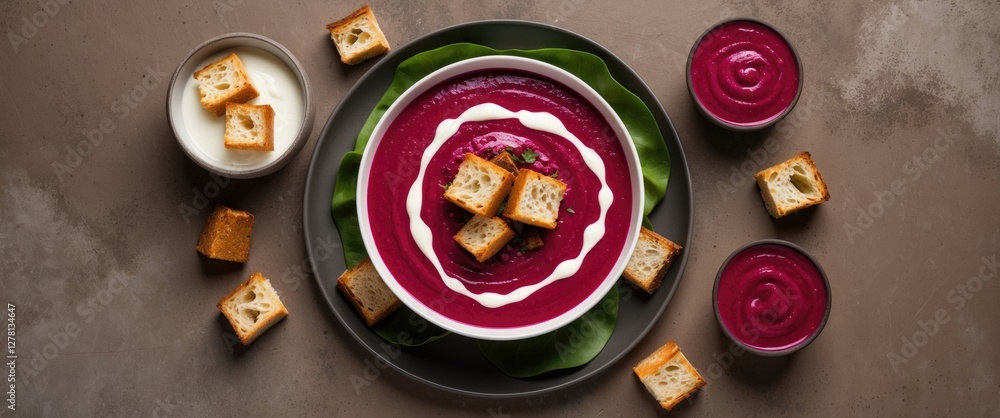 Poster beetroot soup served in a bowl with cream and croutons, surrounded by additional soup servings and c