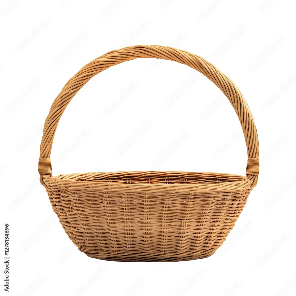 Poster woven wicker basket with curved handle, perfect for storage or decoration. its natural color and tex