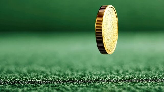 Golden Coin Flipping in Mid Air Above a Football Field Symbolizing the Start of the Game and Exciting Moments in Sports