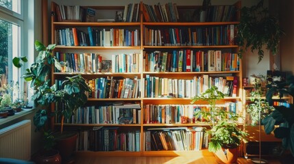A wooden bookshelf filled with an assortment of colorful hardcover books in a cozy reading corner.