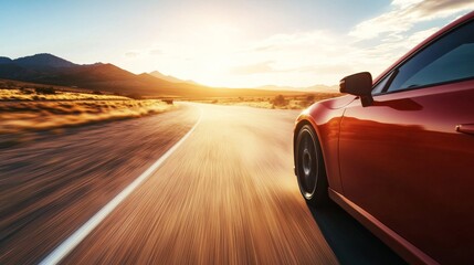 Drag racing car accelerating through a desert highway at dusk. Featuring speed and harsh terrain