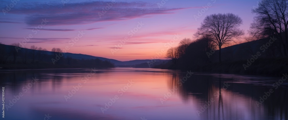 Poster river landscape during twilight with reflections of trees and colorful sky in a tranquil setting.