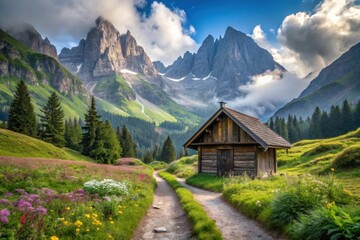 Fototapeta premium Serene Mountain Valley Path Leading to Rustic Cabin Nestled Amongst Wildflowers and Majestic Peaks