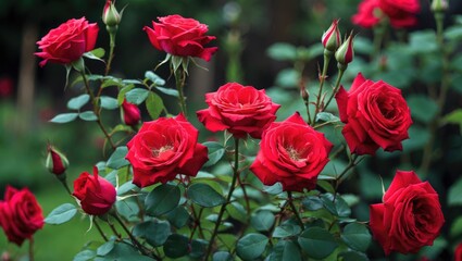 Obraz premium Vibrant red roses in full bloom with green leaves and buds in a lush garden setting during daylight.