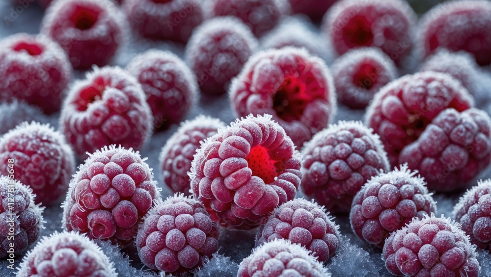 Poster frozen raspberries covered in frost with a focus on texture and detail in the fruit surface