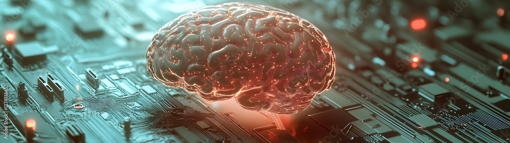 Leinwandbilder Abstract futuristic background featuring a close up view of a human brain with intricate circuit patterns and digital technology elements  Representing the intersection of intelligence