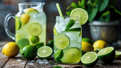 Fototapeta premium Refreshing citrus drinks with lime and lemon slices in jars, on a rustic wooden table with fresh fruit and herbs.