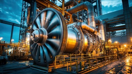 Industrial Gas Turbine Engine in Power Plant at Sunset Glow