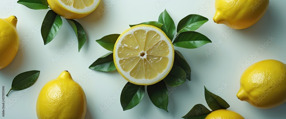 Poster lemons arranged artistically on a light surface with green leaves and a halved lemon in the center c