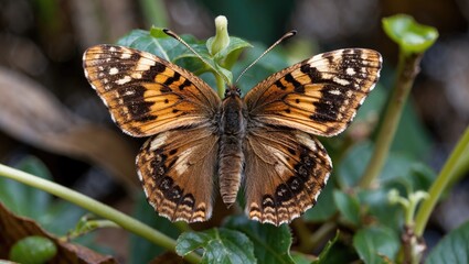 Obraz premium Butterfly with orange and brown patterned wings perched on green leaves in natural habitat environment.