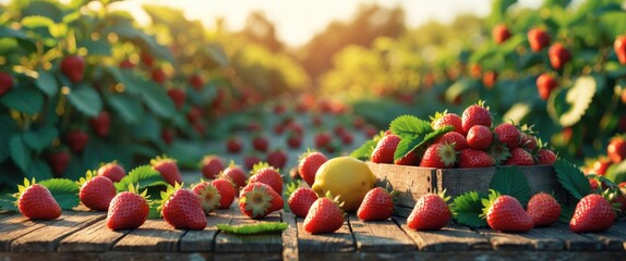 Strawberries arranged on a wooden table with a lemon surrounded by lush green strawberry plants under sunlight in a farm setting
