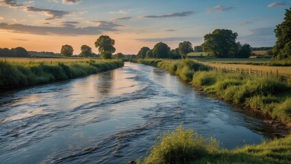 Obraz premium Tranquil river landscape at sunset with lush greenery and calm waters reflecting the sky in a rural setting