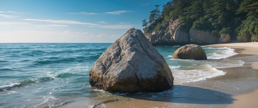 Rocky formations on a tranquil beach with gentle ocean waves and lush green hillside under a clear blue sky.