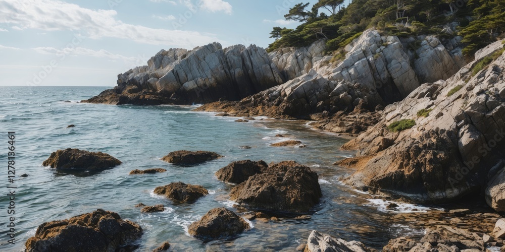 Poster rocky coastal landscape with waves crashing against large boulders and cliffs under a partly cloudy 